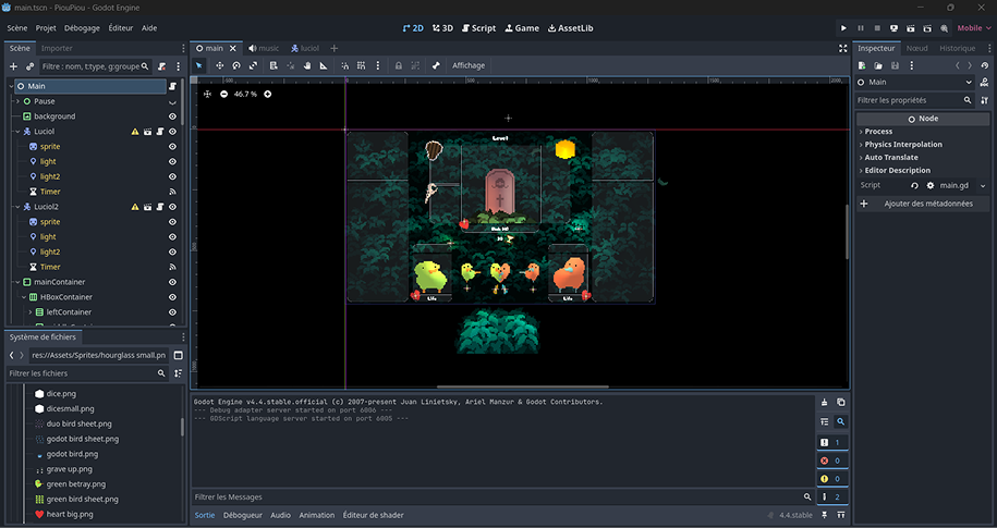 PiouPiou dans l'éditeur Godot